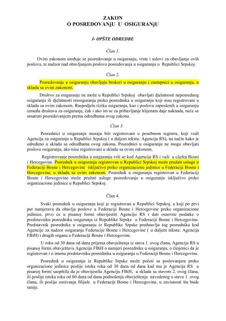 Zakon o posredovanju u osiguranju RS 2005 - Bosna RE