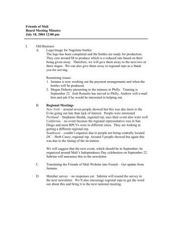 Friends of Mali Board Meeting Minutes July 18, 2004 12:00 pm I. Old ...