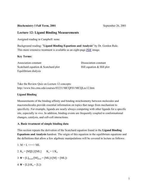 Lecture 12: Ligand Binding Measurements