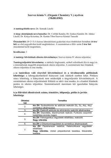 Szerves kémia V. (Organic Chemistry V.) nyelven (TKBL0302)