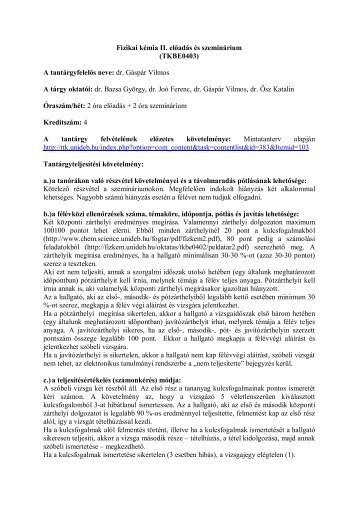 Fizikai kémia II. előadás (TKBE0403)