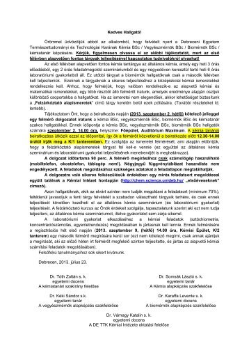 Értesítő levél - Kémiai Intézet - Debreceni Egyetem
