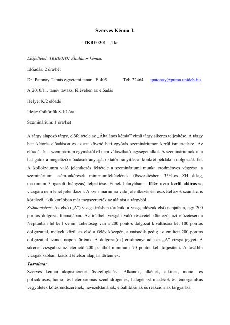 TKBE0301 Szerves kémia I.