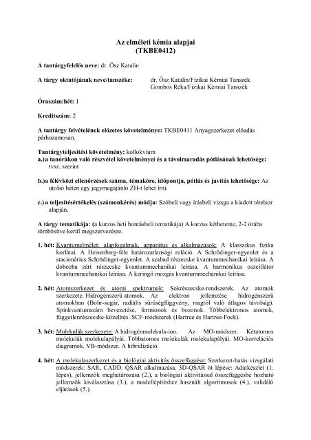 Az elméleti kémia alapjai (TKBE0412)