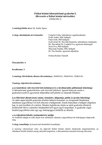 Fizikai kémiai laboratóriumi gyakorlat I. (Bevezetés a fizikai kémiai ...