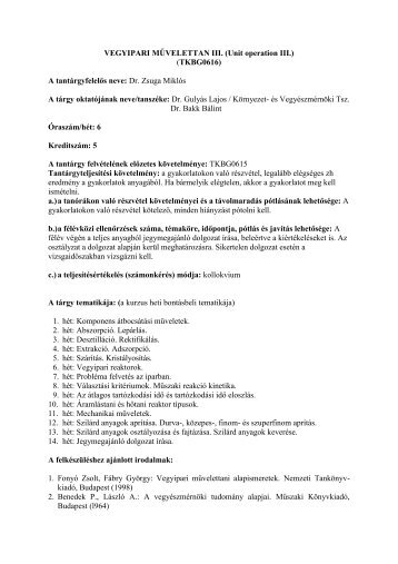 TKBG0616 Vegyipari művelettan III.