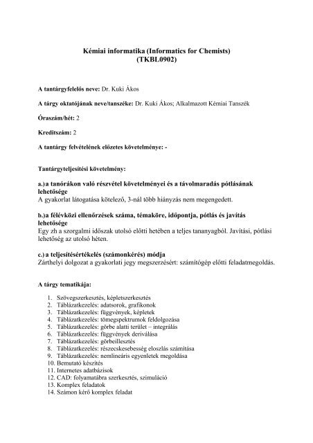 TKBL0902 Kémiai informatika