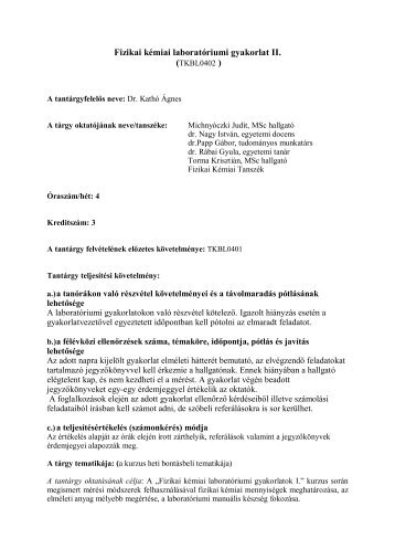 TKBL0402 Fizikai kémiai laboratóriumi gyakorlat II.