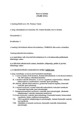 Szerves kémia (TKBE 0341)