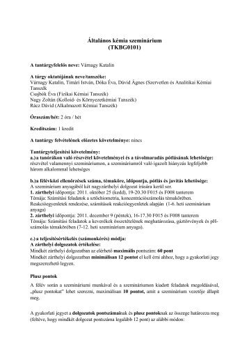 Általános kémia szeminárium (TKBG0101)
