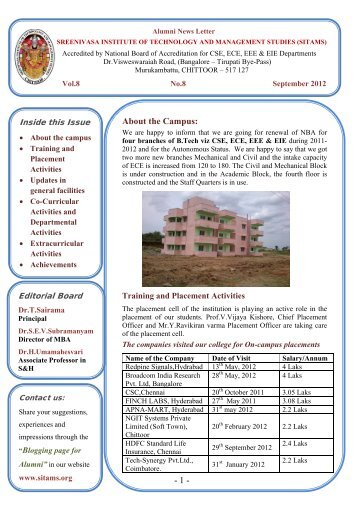 SITAMS NEWS Letter for September 2012 - Sreenivasa Institute Of ...