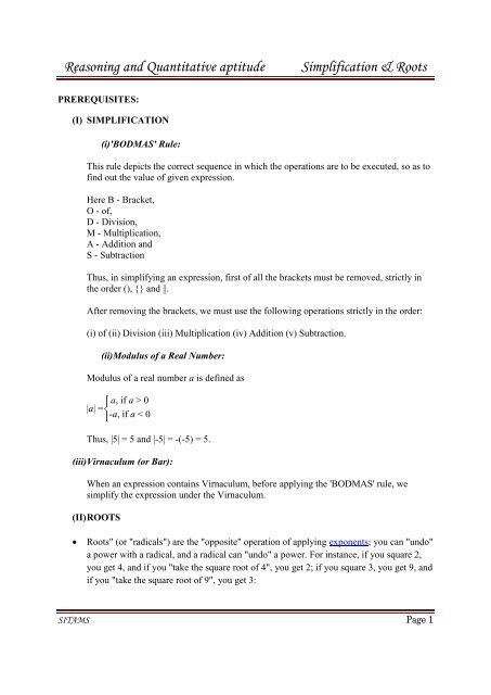 Reasoning and Quantitative aptitude Simplification & Roots