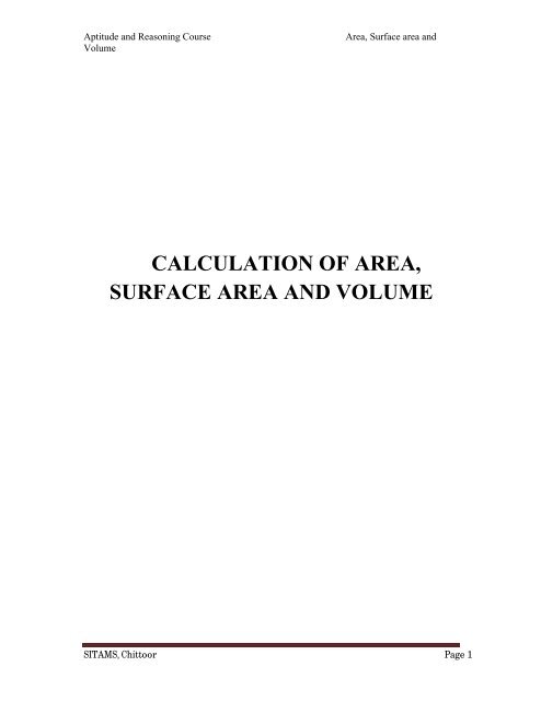 CALCULATION OF AREA, SURFACE AREA AND VOLUME