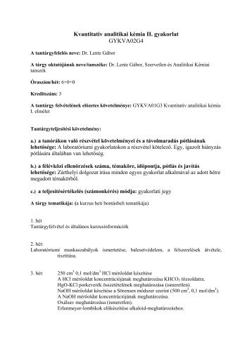 Kvantitatív analitikai kémia II. gyakorlat GYKVA02G4