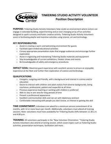 TINKERING STUDIO ACTIVITY VOLUNTEER Position Description