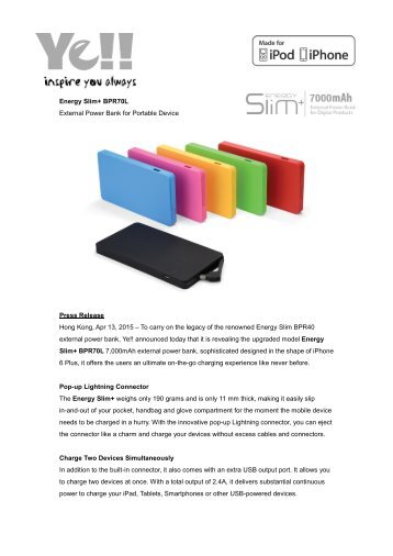 Ye!! Releases Energy Slim+ Power Bank with Lightning Pop-up Connector