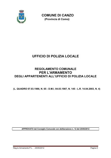 UFFICIO DI POLIZIA LOCALE REGOLAMENTO ... - Comune di Canzo