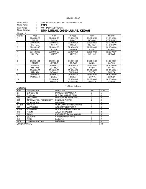 Jadual Kelas Sesi Petang