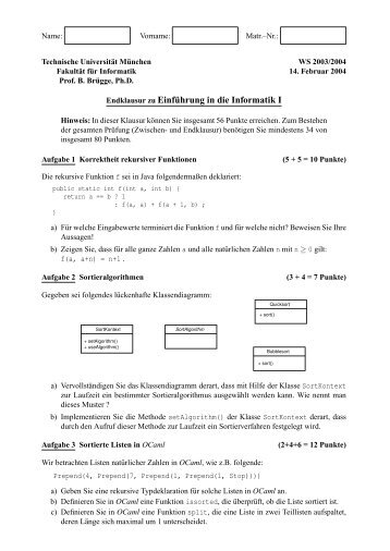 Endklausur zu EinfÃ¼hrung in die Informatik I