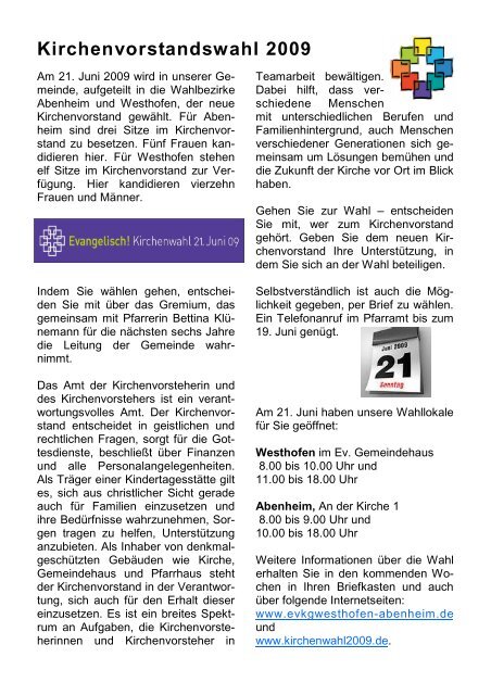 Juni bis August - Evangelische Kirchengemeinde Westhofen und ...