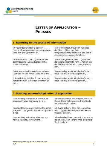 LETTER OF APPLICATION â€“ PHRASES - Bewerbungstraining Online