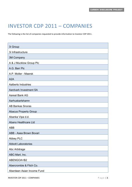 Investor CDP 2011 Companies List - Carbon Disclosure Project