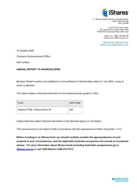 15 October 2009 Company Announcements Office ASX Limited