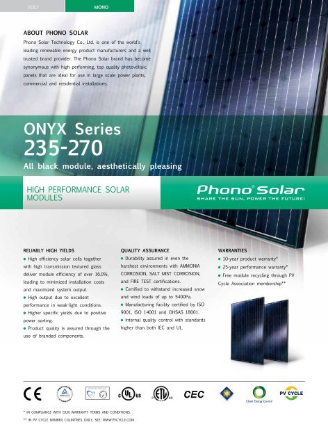 Phono Solar Onyx 250W Mono Data Sheet - Metgen