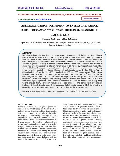 antidiabetic and hypolipidemic activities of ethanolic extract ... - ijpcbs