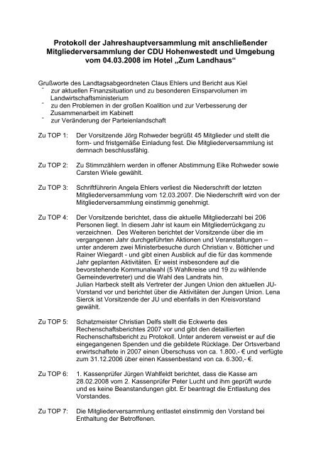 Protokoll der Jahreshauptversammlung 2008 - CDU Hohenwestedt