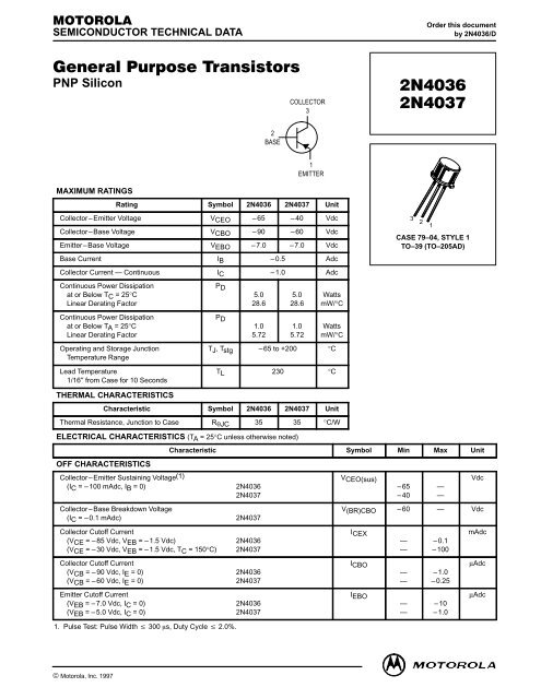 General Purpose Transistors 2N4036 2N4037 - Datasheet Catalog