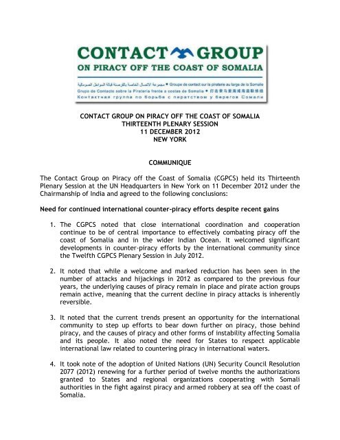 contact group on piracy off the coast of - Maritime Administration