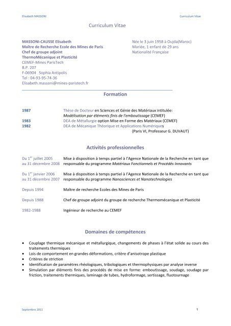 Curriculum Vitae Formation ActivitÃ©s professionnelles ... - Cemef