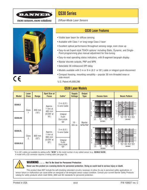 Qs30 Series Diffuse Mode Laser Sensor Banner Engineering