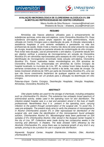 Avaliacao Microbiologica de Clorexidina Alcoolica 5 ... - unisalesiano