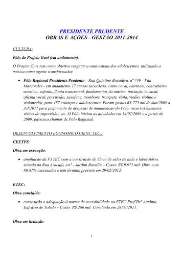 presidente prudente obras e aÃ§Ãµes - gestÃ£o 2011-2014 - PSDB-SP