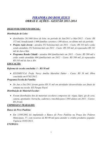 PIRAPORA DO BOM JESUS OBRAS E AÃÃES - GESTÃO 2011-2014