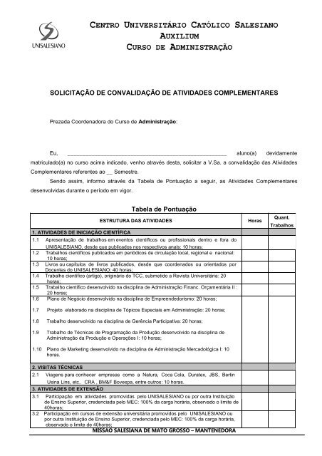 Tabela de pontuação das atividades complementares