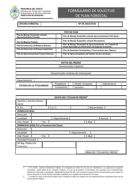 Formulario de Solicitud para Plan Forestal.