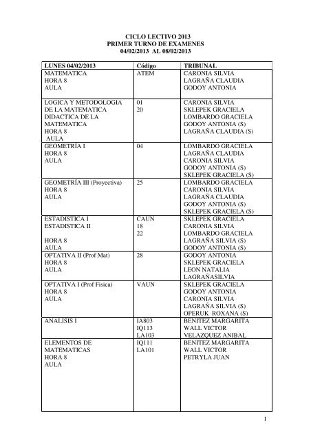Ciclo Lectivo 2013 Primer Turno de ExÃ¡menes 04/02/2013 al 08/02 ...