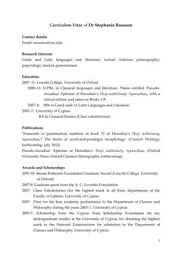 Curriculum Vitae of Dr Stephanie Roussou