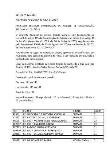 EDITAL nº 12/2011 DIRETORIA DE ENSINO REGIÃO ... - Sumaré
