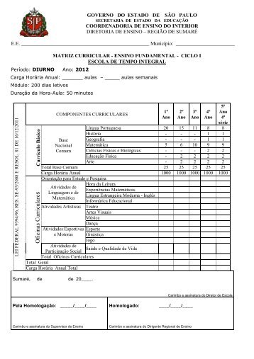 matriz curricular - Diretoria de Ensino de Sumaré - Governo do ...