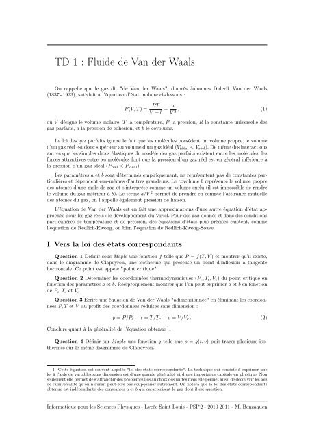 TD 1 : Fluide de Van der Waals