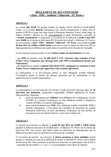 RÃ¨glement jeu-concours Quiz - SMS - Audiotel - Villarreal-FC ... - M6