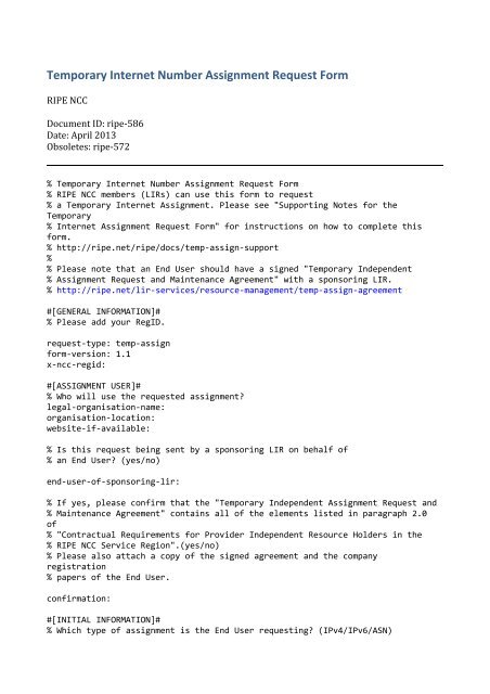 Temporary Internet Number Assignment Request Form - RIPE NCC