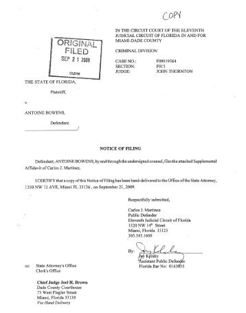 Supplemental Affidavit of Carlos Martinez filed September 21, 2009