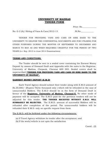 UNIVERSITY OF MADRAS TENDER FORM