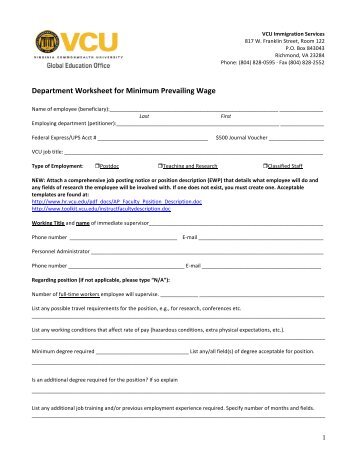 Department Worksheet for Minimum Prevailing Wage