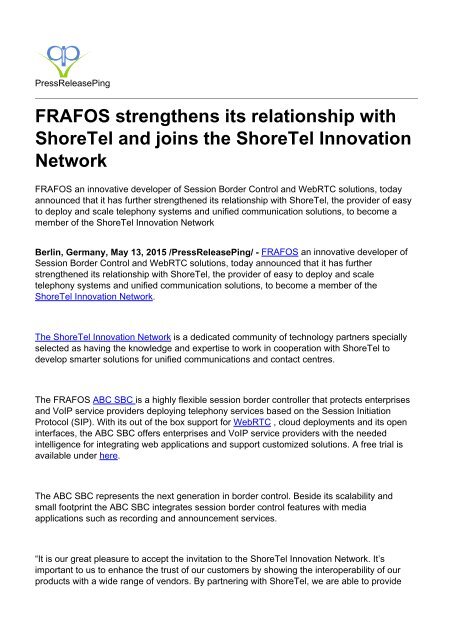 Frafos Strengthens Its Relationship With Shoretel And Joins The Shoretel Innovation Network Frafos Strengthens Its Relationship With Shoretel And Joins The Shoretel Innovation Network